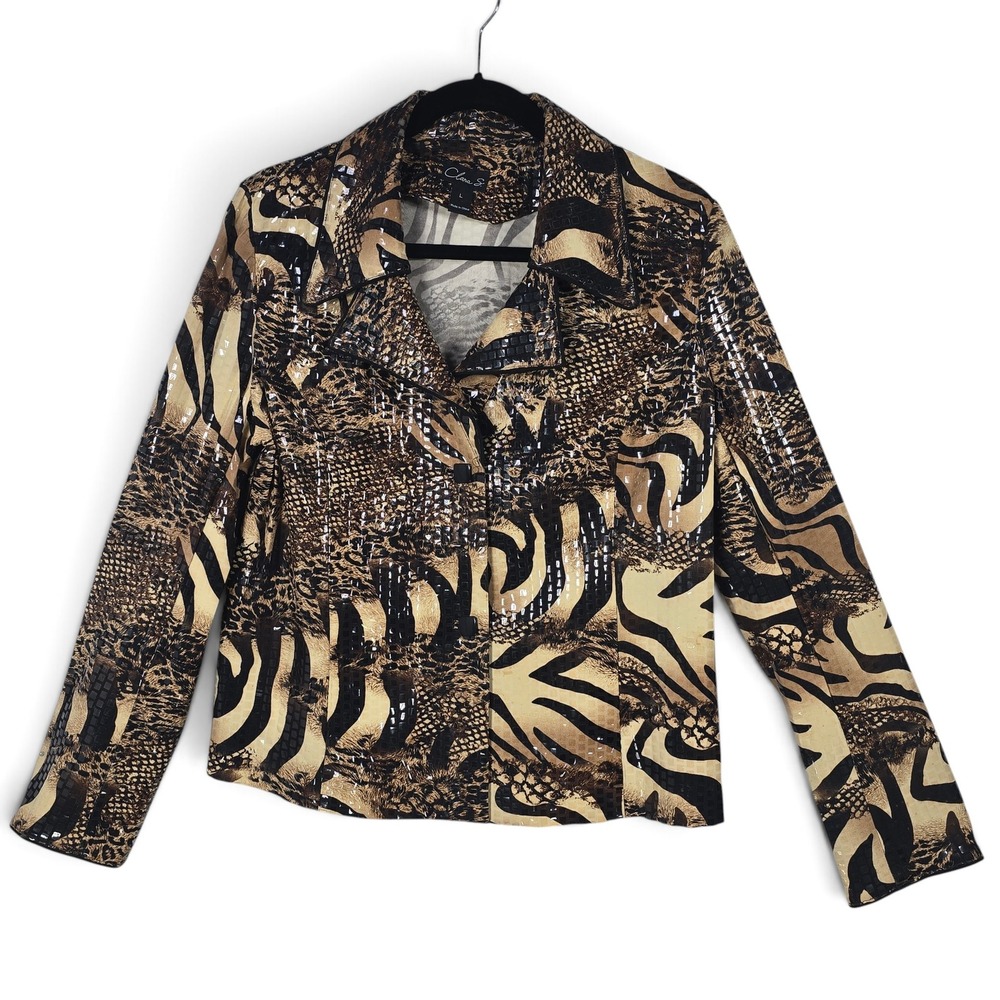 Clara S Jacket Womens Large Animal Print Zebra Snakeskin Sequin Brown Tan Y2K
